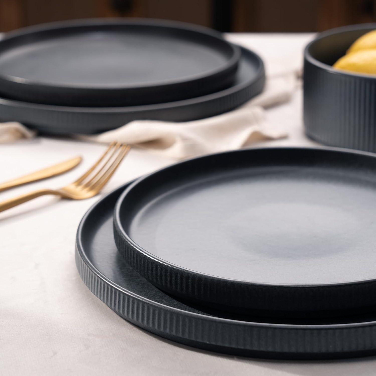 Star Dinnerware Sets, Plates and Bowls Set for 4, 12 Pieces Dish Set - Chip and Scratch Resistant, Microwave and Dishwasher Safe Kitchen Set, Matte Dark Charcoal - Image 2