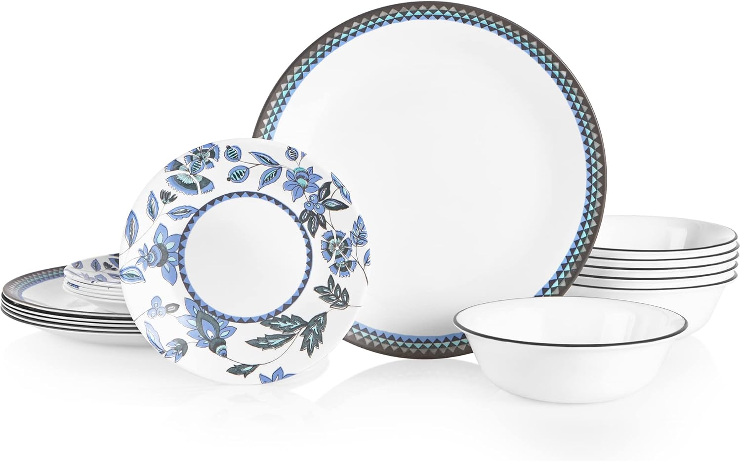 18-Piece Dinnerware Set, Service for 6, Lightweight Round Plates and Bowls Set, Triple Layer Glass, Chip Resistant, Microwave and Dishwasher Safe,