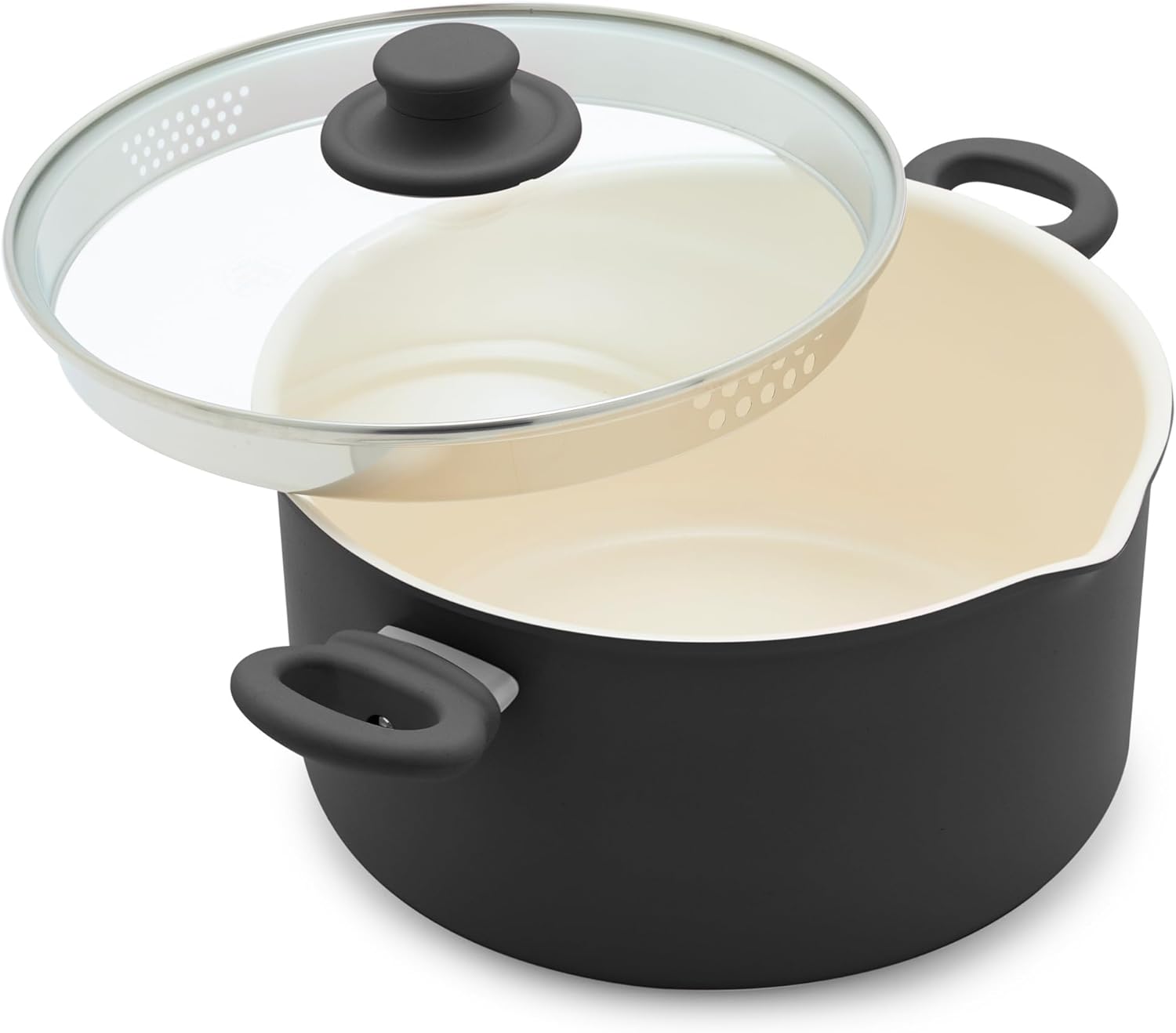 6QT Ceramic Nonstick Stockpot with Glass Straining Lid, PFAS & PFOA-Free, Dishwasher Safe, Stay-Cool Handles, Oven Safe to 350°F, Wobble-Free Base, Even Heating, Black