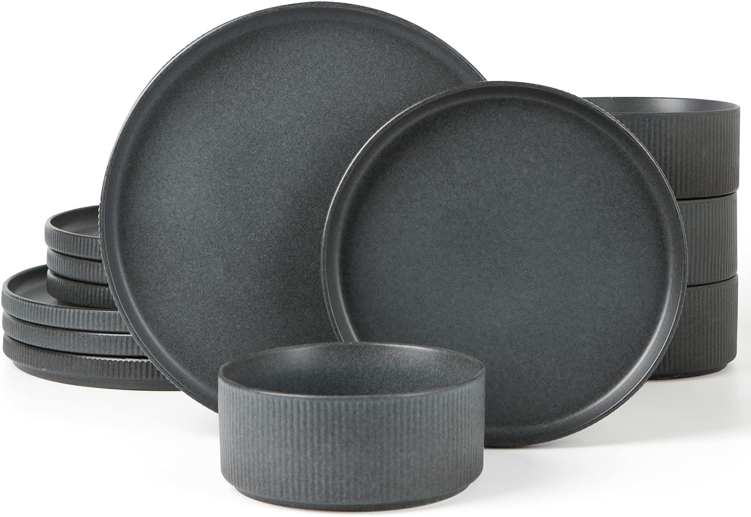 Star Dinnerware Sets, Plates and Bowls Set for 4, 12 Pieces Dish Set - Chip and Scratch Resistant, Microwave and Dishwasher Safe Kitchen Set, Matte Dark Charcoal