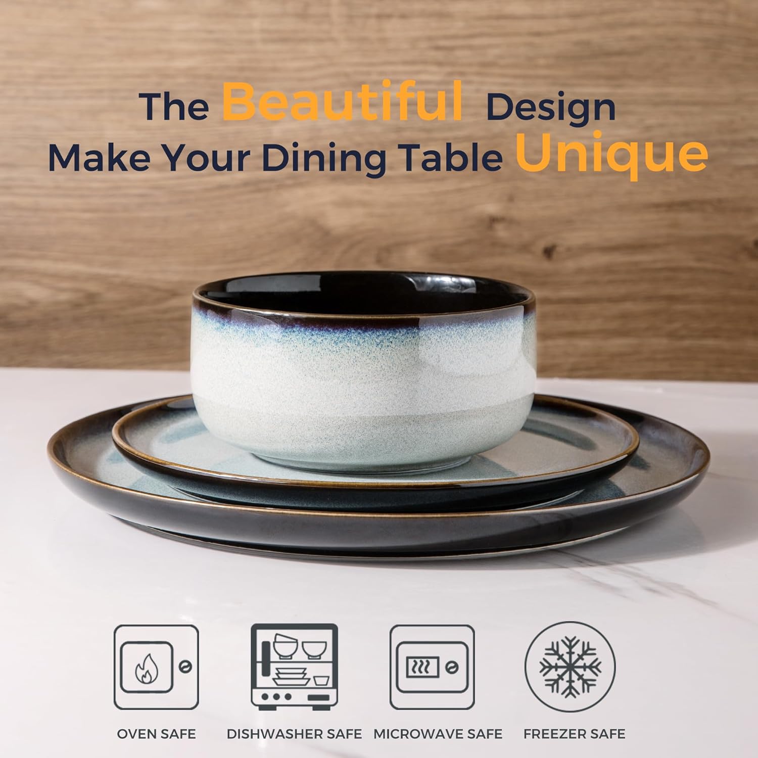 Ceramic Dinnerware Set of 4, Poreclain Plates, Bowls, Handmade Reactive Glaze Dishes, Chip Resistant, Oven & Dishwasher Safe, Service for 4-Gray White, - Image 2