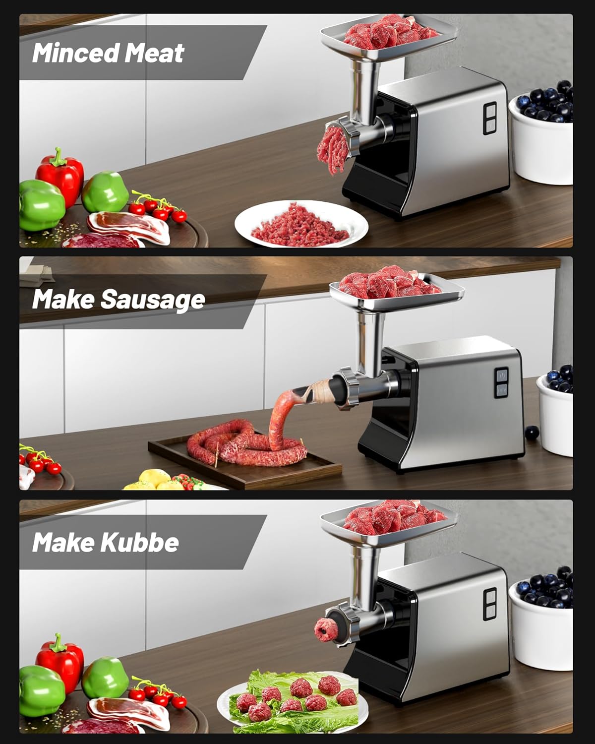 Electric Meat Grinder - Heavy Duty Meat Grinders with 3 Stainless Steel Cutting Blades, 3 Grinding Plates, 1 Sausage Maker & Kit for Home Kitchen Use, Silver - Image 2