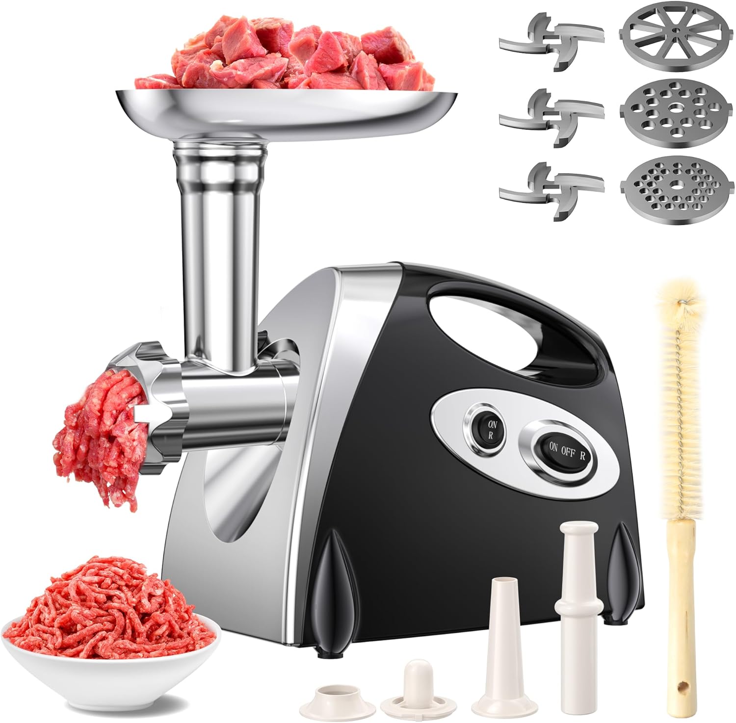 Electric Meat Grinder, 2500W Max Meat Grinder with Stainless Steel 3 Blades and 3 Grinder Plates, Sausage Stuffer Tube & Kit, Heavy Duty Meat Grinder for Home Kitchen & Commercial Using