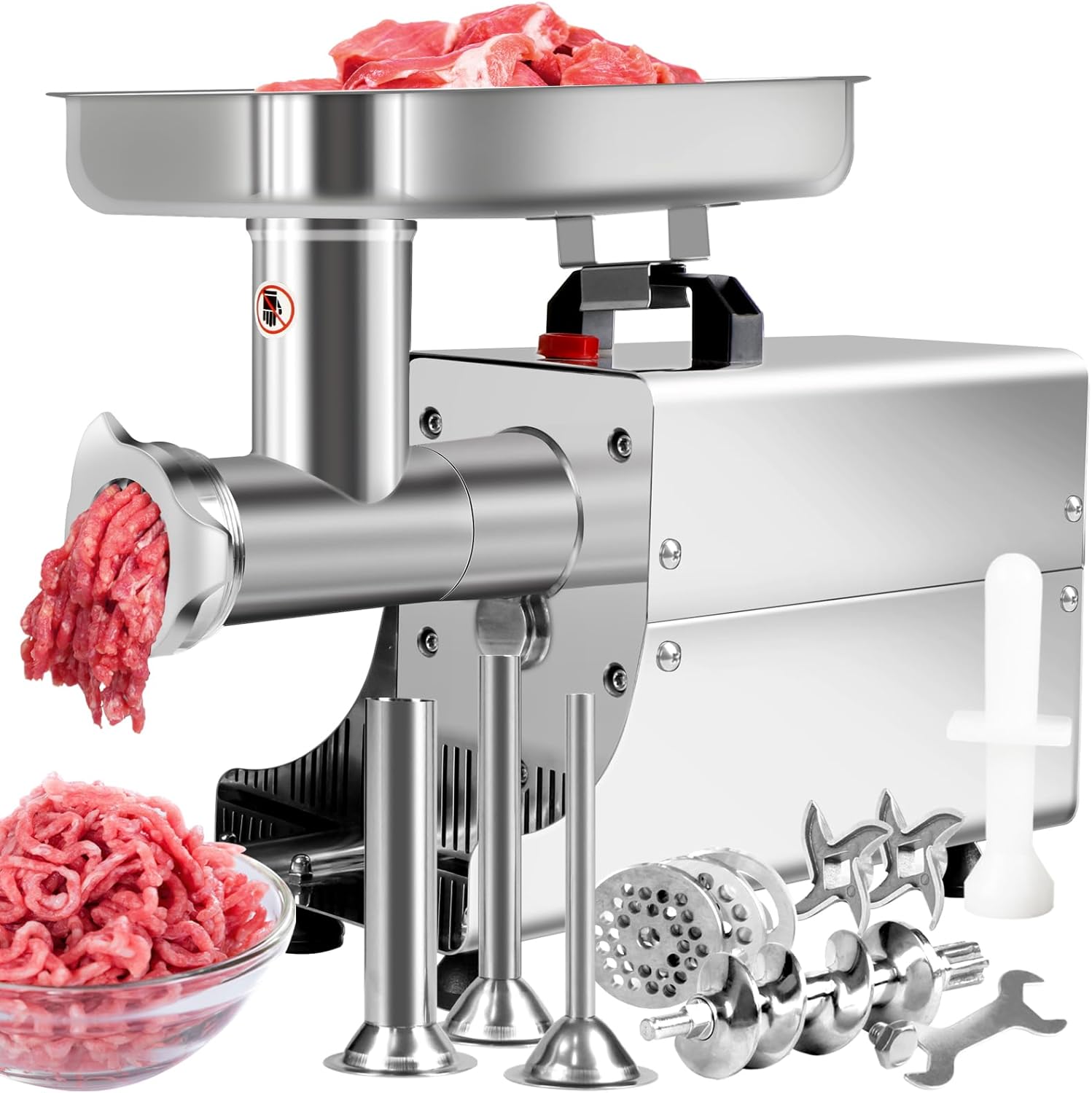 Meat Grinder Heavy Duty Electric,Commercial Meat Grinder #8 for Home Use Stainless Steel 2800W Max with 3 Grinding Plates 3 Sausage Stuffer Tubes 1 Pusher 2 Blades