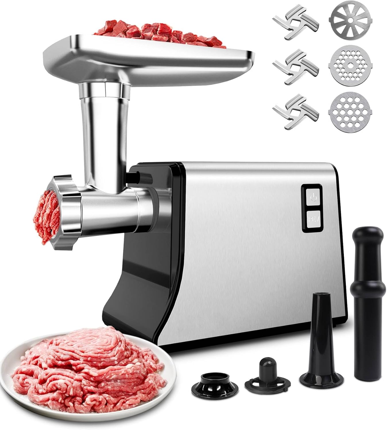 Electric Meat Grinder - Heavy Duty Meat Grinders with 3 Stainless Steel Cutting Blades, 3 Grinding Plates, 1 Sausage Maker & Kit for Home Kitchen Use, Silver