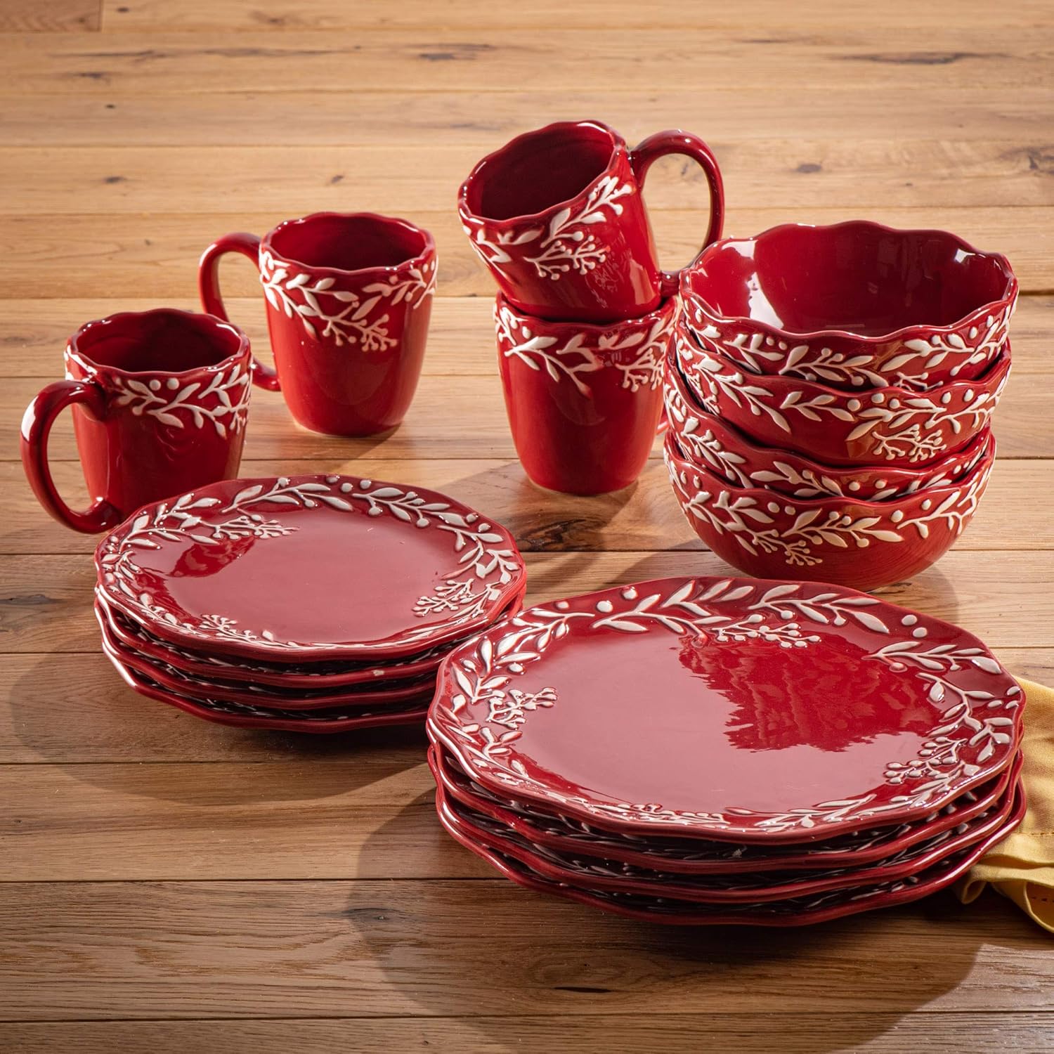 Holiday Round Dinnerware Set – 16-Piece Ceramic Dinner Party Collection w/ 4 Dinner Plates, 4 Salad Plates, 4 Bowls & 4 Mugs – Unique Gift Idea for Any Special Occasion, Red - Image 2