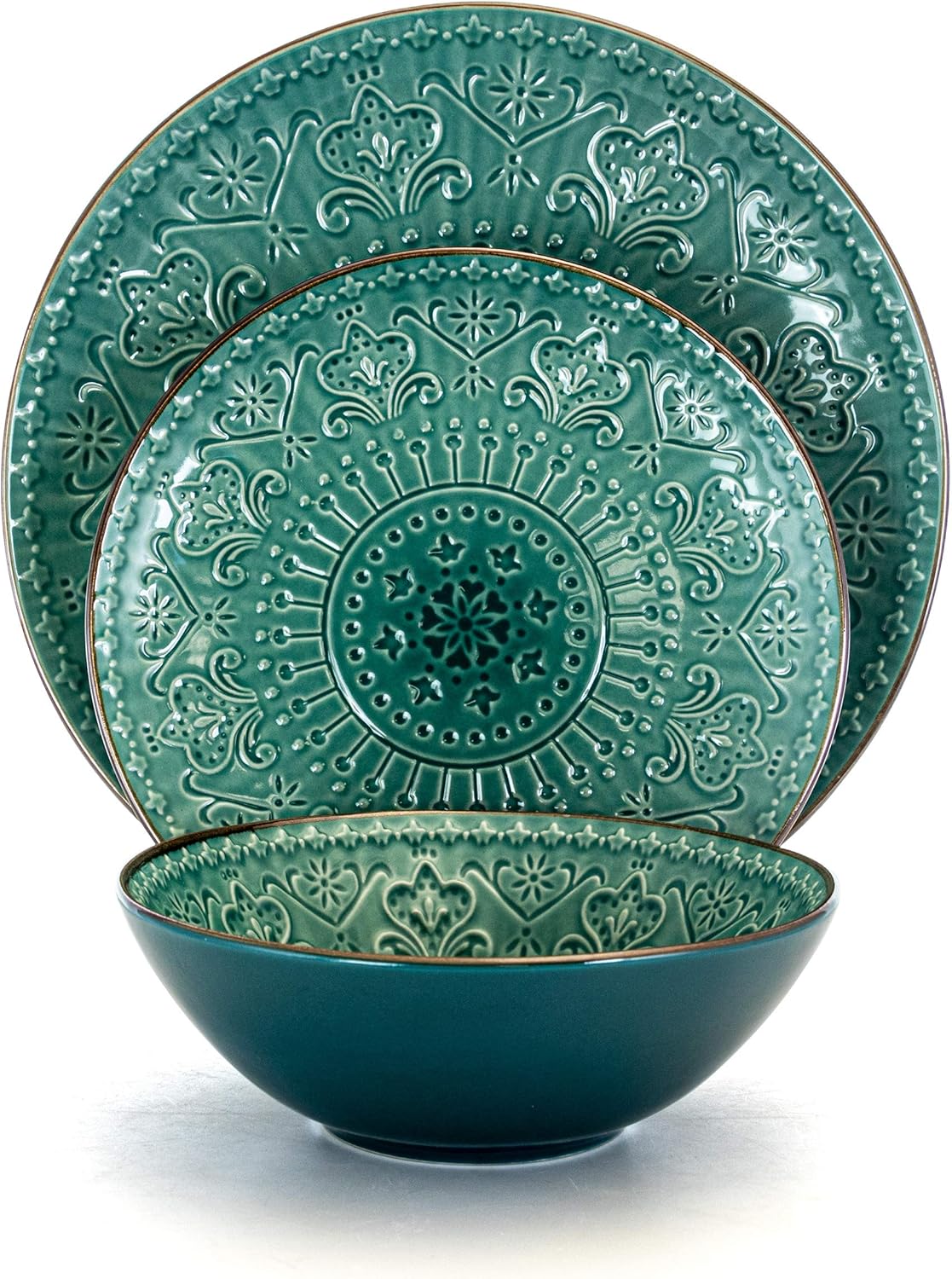 Round Stoneware Embossed Dinnerware Dish Set, 16 Piece, Ocean Teal and Green - Image 2