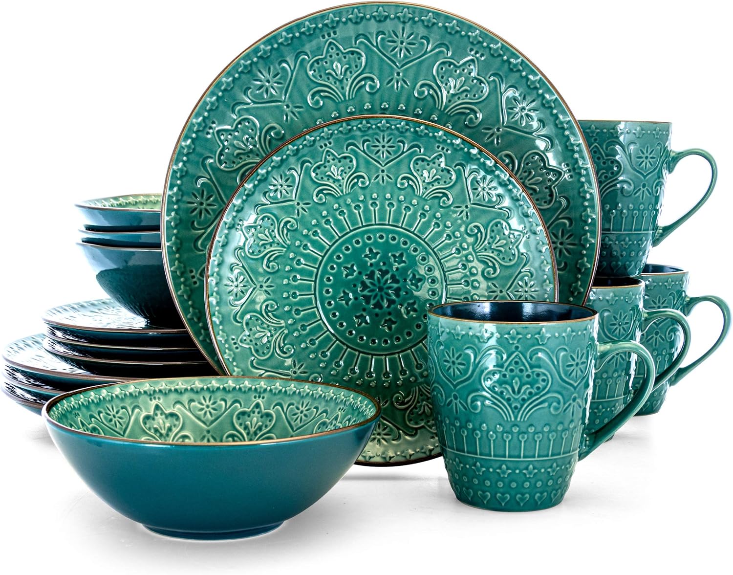 Round Stoneware Embossed Dinnerware Dish Set, 16 Piece, Ocean Teal and Green